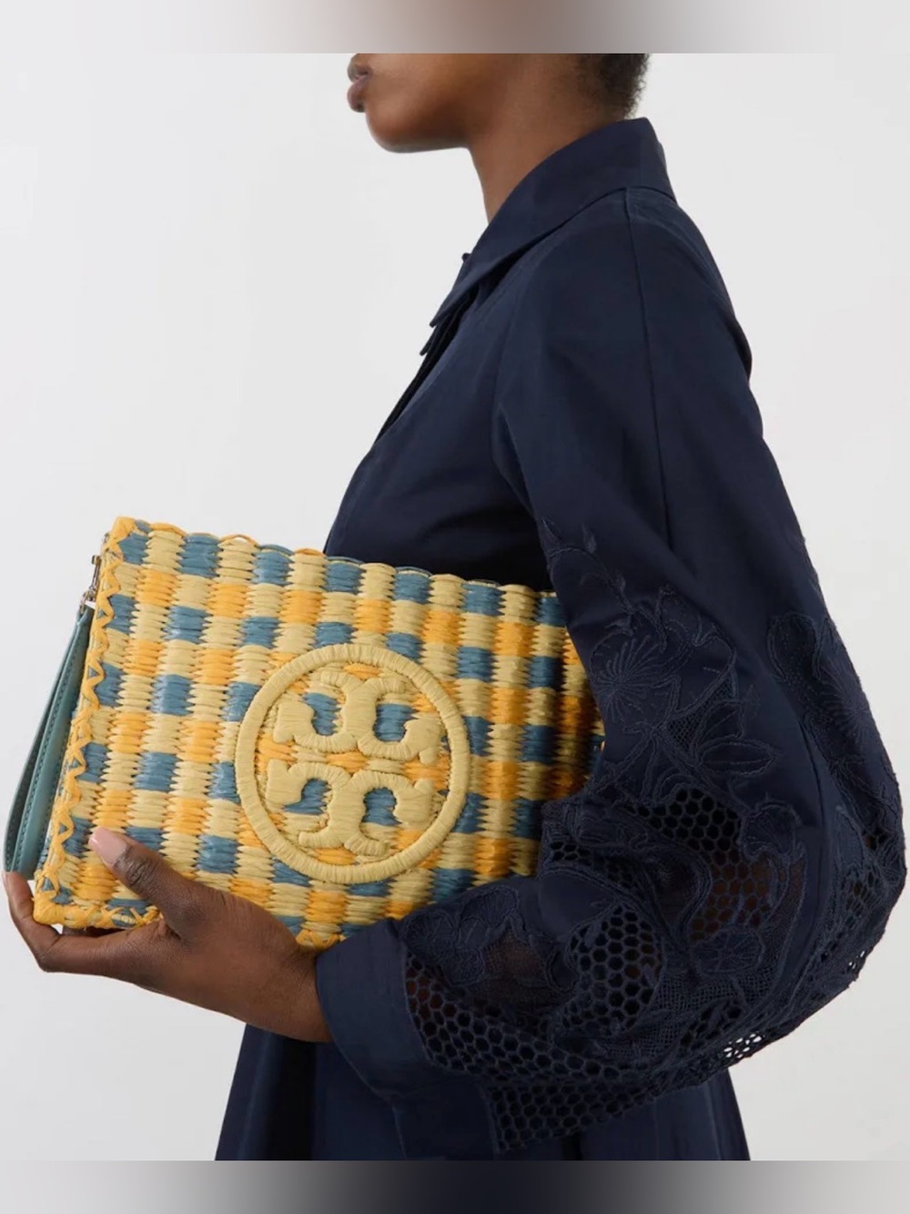 Tory Burch Ella Raffia Pouch. Deep Turquoise. - Picture 8 of 15